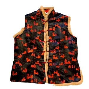 G10 Collection Silk Chinese Vest Kimono Black Red Fur Trim Size XXXL‎